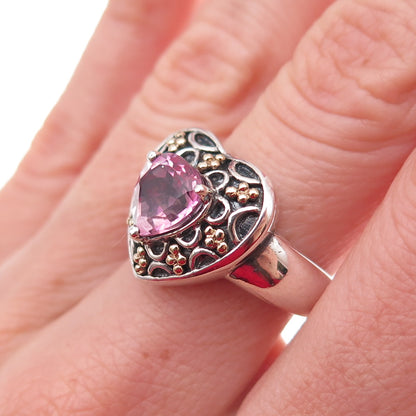 Sadye L Vassil 925 Sterling Silver 14K Gold Real Pink Topaz Heart Ring Size 7