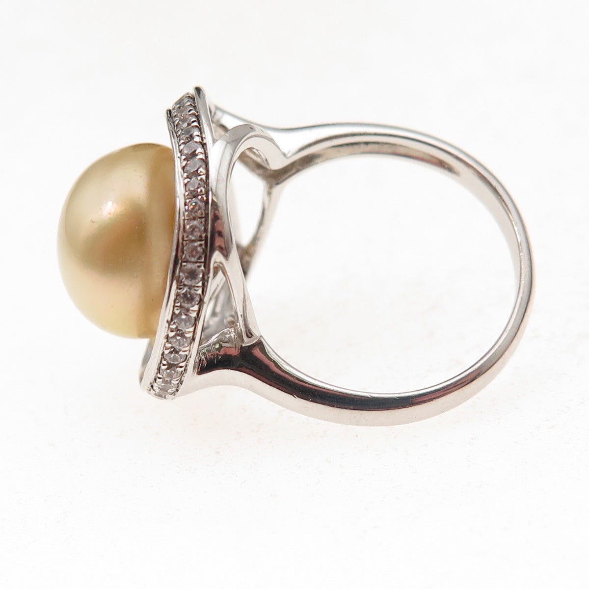 925 Sterling Silver Real Pearl & C Z Modernist Floral Ring Size 6