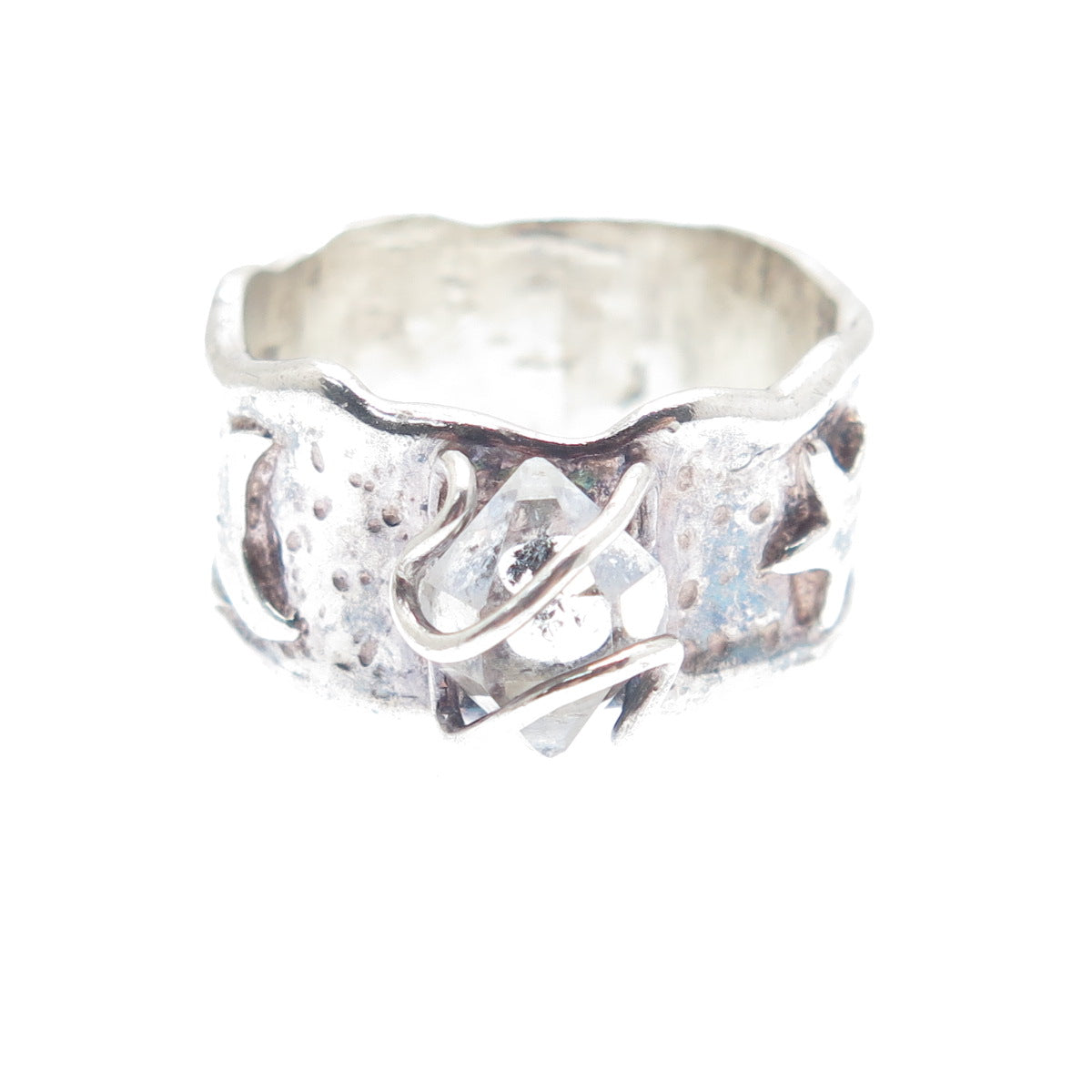 925 Sterling Silver Vintage Real Clear Quartz Modernist Band Ring Size 6.5