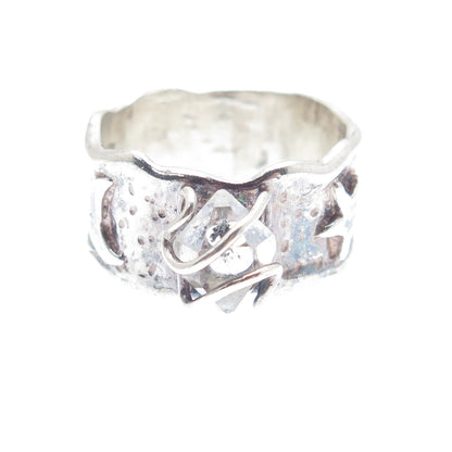 925 Sterling Silver Vintage Real Clear Quartz Modernist Band Ring Size 6.5