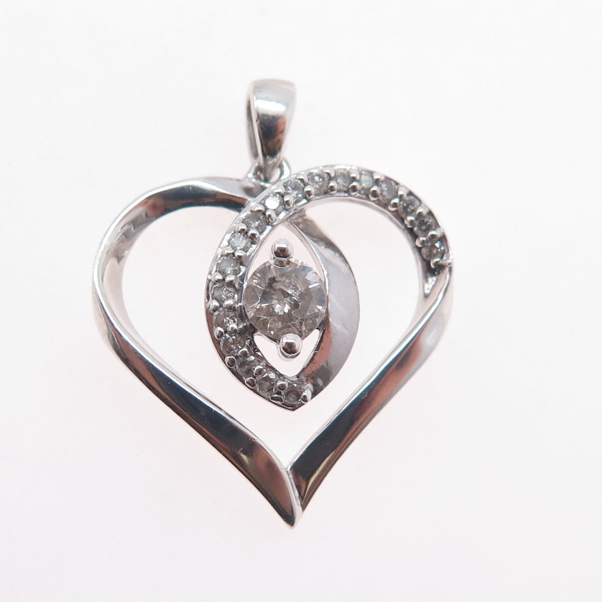 925 Sterling Silver Real Round-Cut Diamond Heart Charm Pendant