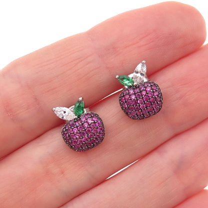 925 Sterling Silver White Green & Pink C Z Apple Stud Earrings