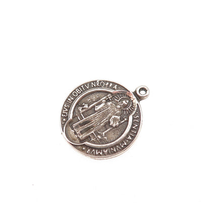 925 Sterling Silver Vintage Saint Benedict Oxidized Mini Charm Pendant