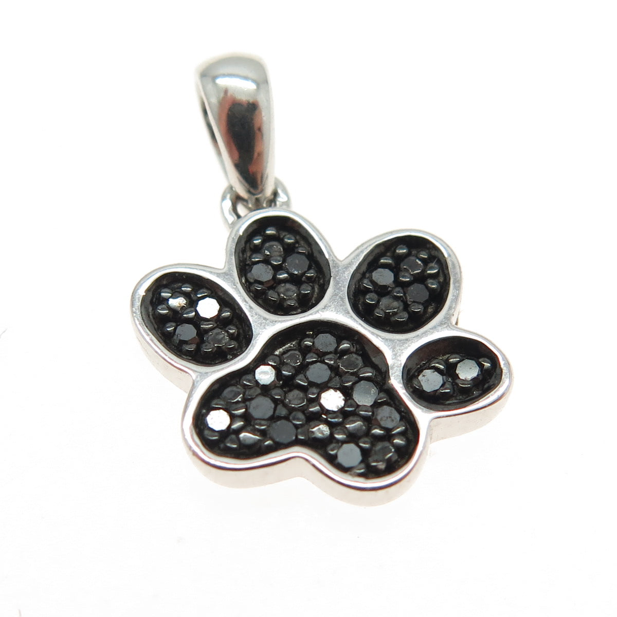 SUN 925 Sterling Silver Real Round-Cut Black Diamond Dog Paw Minimalist Pendant