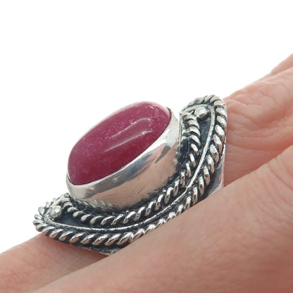925 Sterling Silver Vintage Real Rhodonite Roped Oxidized Ring Size 8.75