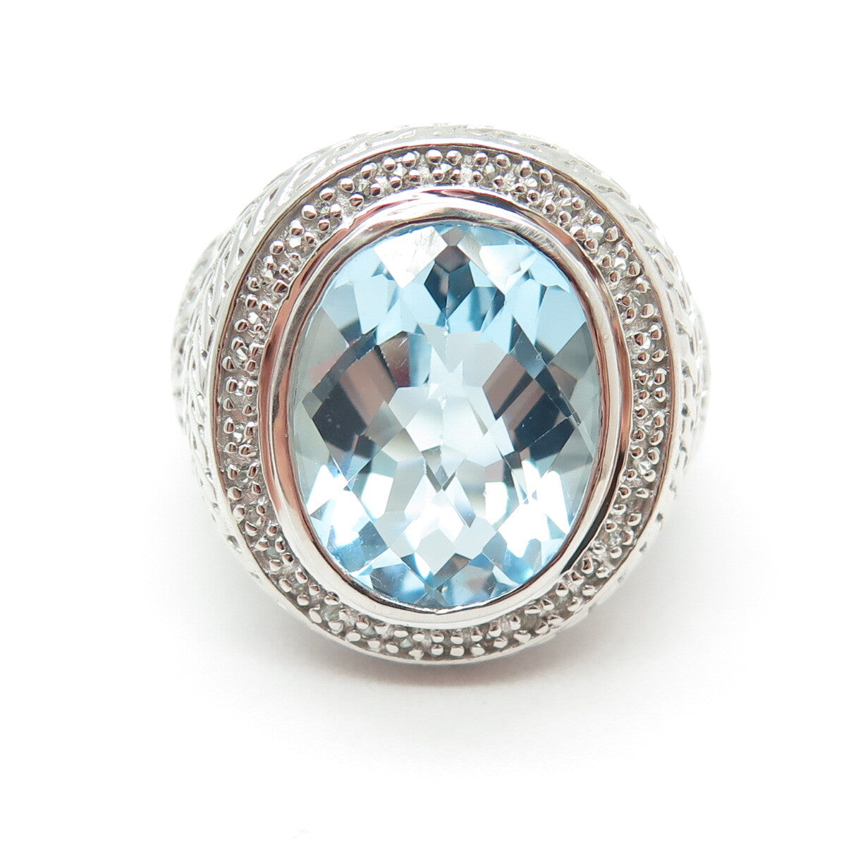 925 Sterling Silver Real Round-Cut White & Oval-Cut Blue Topaz Ring Size 7