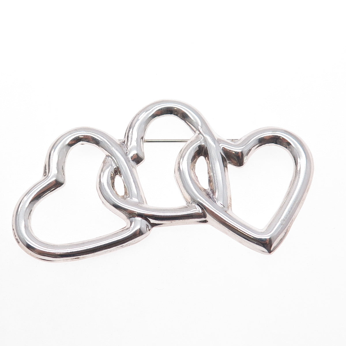 925 Sterling Silver Vintage Mexico Triple Interlocked Heart Pin Brooch