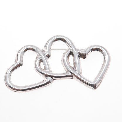 925 Sterling Silver Vintage Mexico Triple Interlocked Heart Pin Brooch