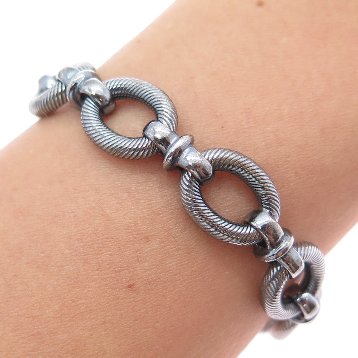 925 Sterling Silver Vintage Modernist Oxidized Oval Link Bracelet 7.5"