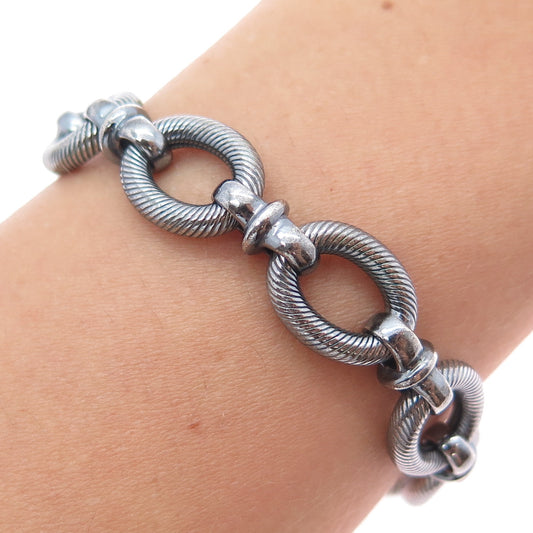 925 Sterling Silver Vintage Modernist Oxidized Oval Link Bracelet 7.5"