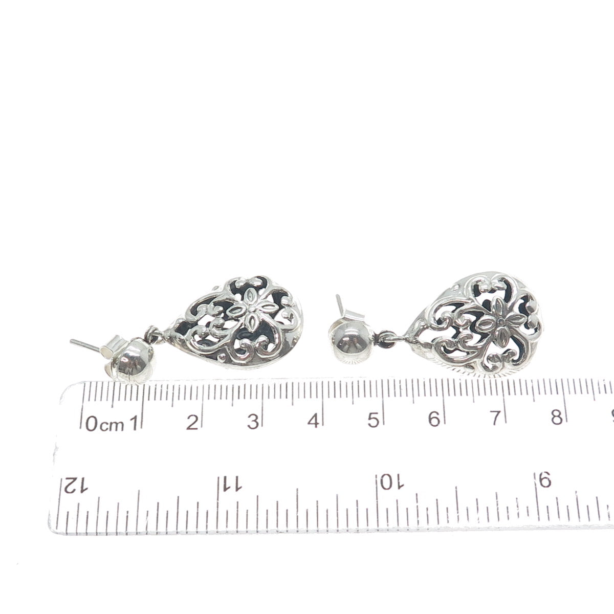950 Silver Vintage Floral Swirl Teardrop Dangle Earrings