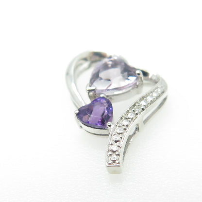 925 Sterling Silver Real White Diamond Accent & Amethyst Gem Heart Slide Pendant