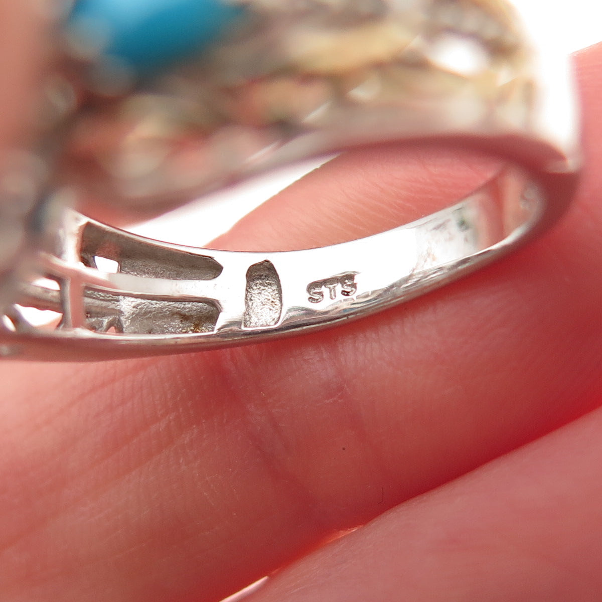 Chuck Clemency 925 Sterling Silver 2-Tone Real Turquoise Apatite Ring Size 8.25