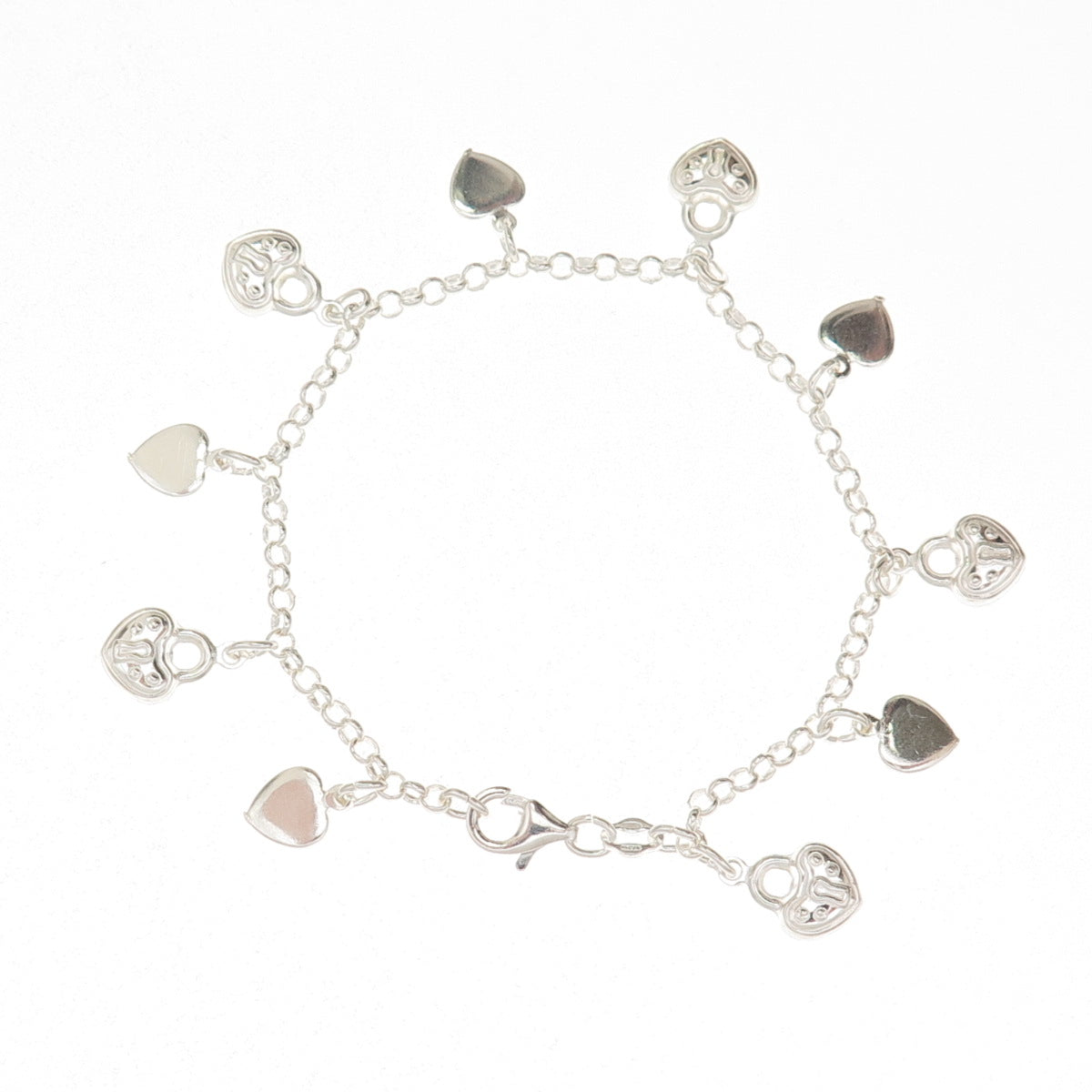 925 Sterling Silver Vintage Heart Lock Dangle Charm Rolo Link Bracelet 7"