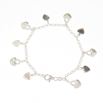 925 Sterling Silver Vintage Heart Lock Dangle Charm Rolo Link Bracelet 7"