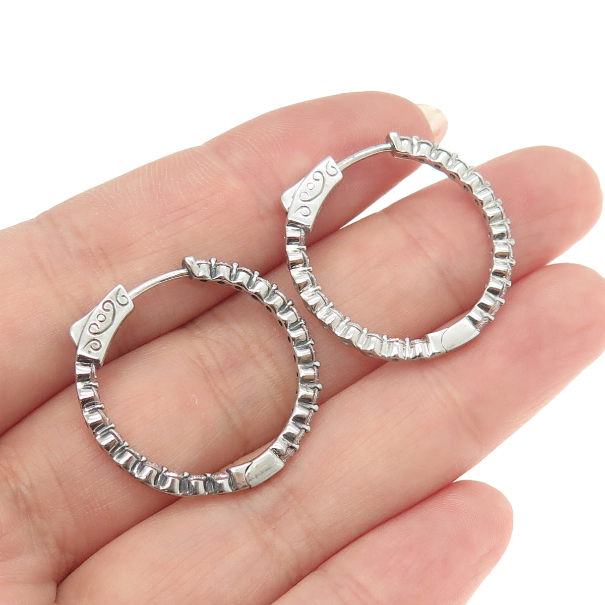 925 Sterling Silver Round-Cut C Z In & Out Hoop Earrings