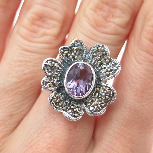 925 Sterling Silver Vintage Real Amethyst & Marcasite Flower Ring Size 6.75