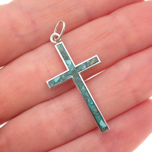 925 Sterling Silver Vintage Real Turquoise Inlay Cross Charm Pendant