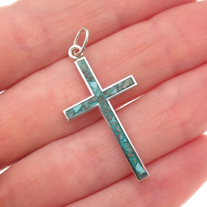 925 Sterling Silver Vintage Real Turquoise Inlay Cross Charm Pendant