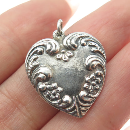 925 Sterling Silver Antique Art Deco Repousse Heart Chatelaine Charm Pendant