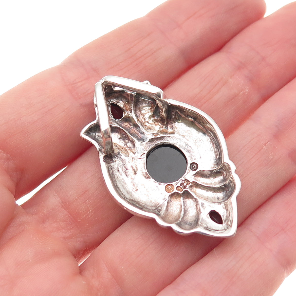 925 Sterling Silver Vintage Real Black Onyx & Red Garnet Modernist Slide Pendant