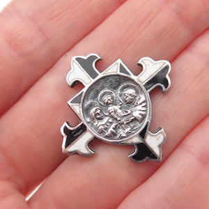 925 Sterling Silver Antique Art Deco Holy Family Cross Oxidized Pin Brooch