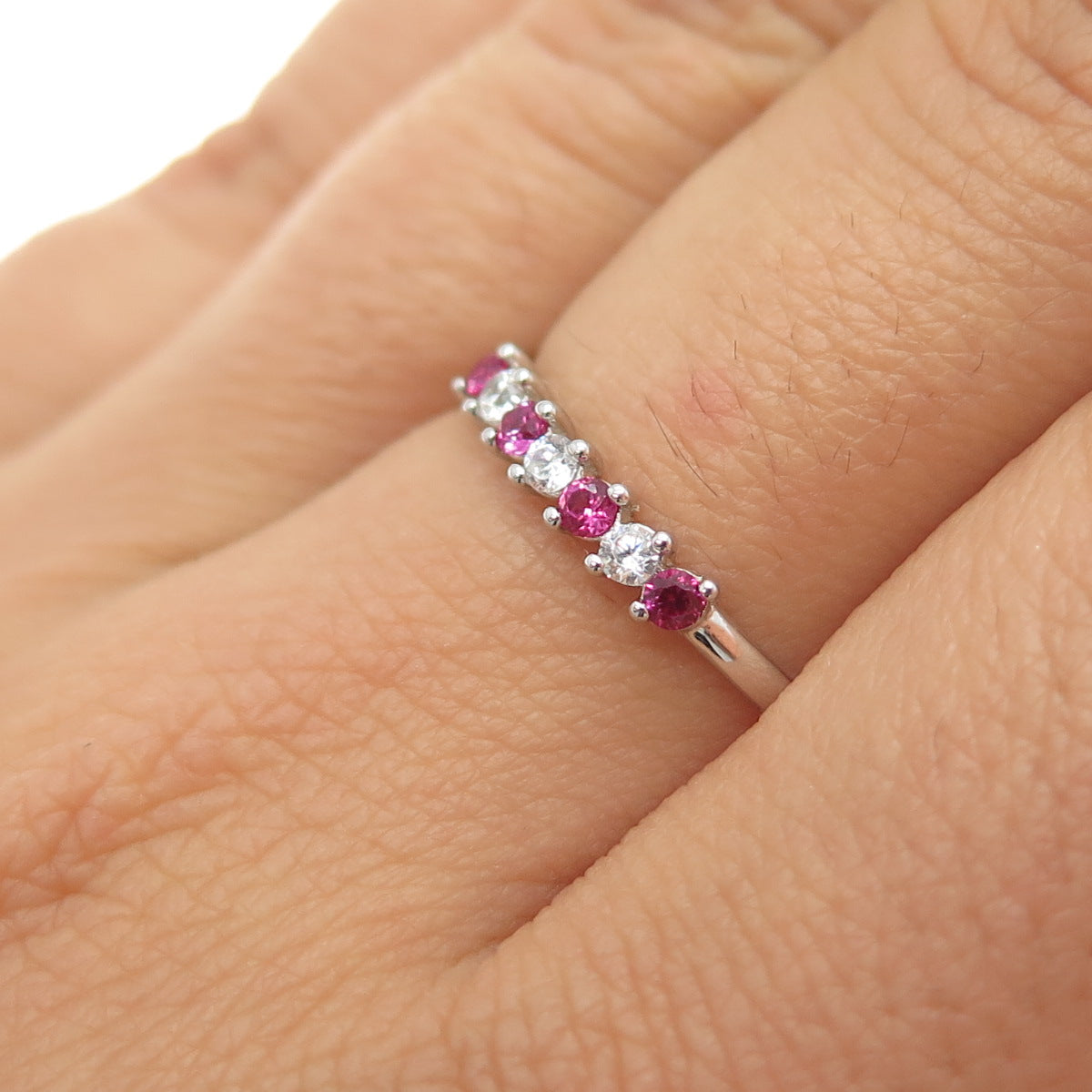 925 Sterling Silver Lab-Created Ruby & C Z Half Eternity Band Ring Size 7.25