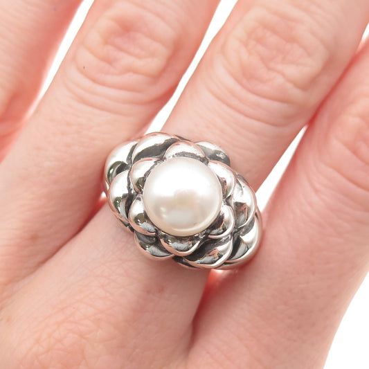 925 Sterling Silver Vintage Real Pearl Modernist Floral Oxidized Ring Size 9.25