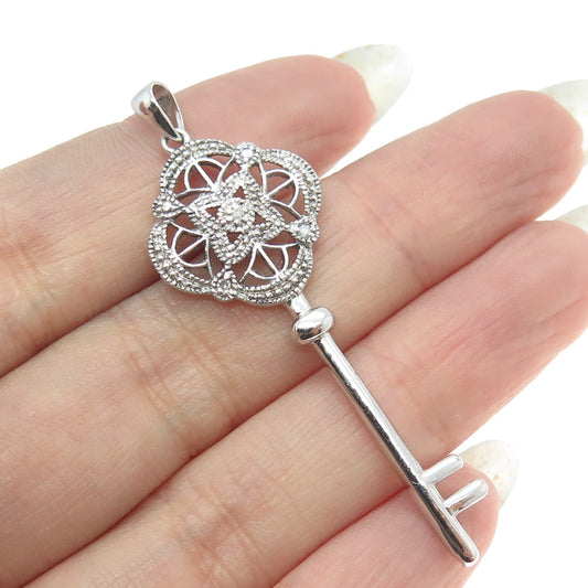 925 Sterling Silver Real Round-Cut Diamond Floral Key Pendant