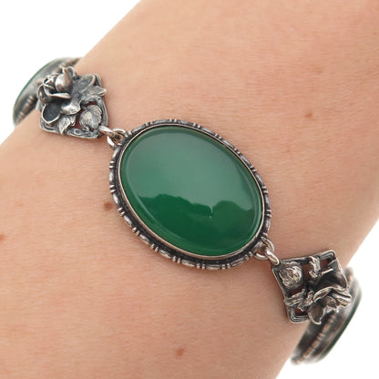 925 Sterling Silver Antique Art Deco Real Green Agate Floral Bracelet 7.25"