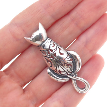 Jezlaine 925 Sterling Silver Vintage Cat Floral Scroll Oxidized Pin Brooch
