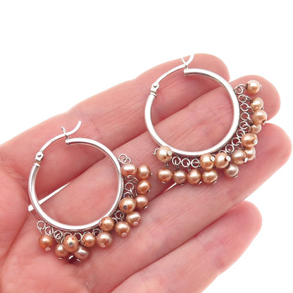 925 Sterling Silver Vintage Real Pearl Dangle Beads Hoop Earrings