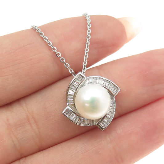 925 Sterling Silver Real Pearl & Baguette-Cut C Z Cable Chain Necklace 16"