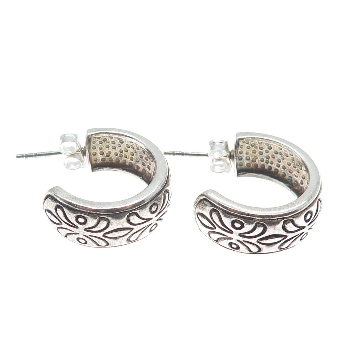 925 Sterling Silver Vintage Floral Oxidized Half Hoop Earrings