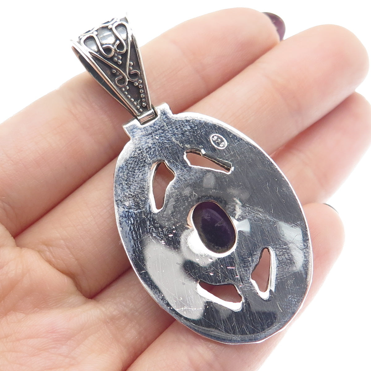 925 Sterling Silver Vintage Real Amethyst Gemstone Boho Ornate Pendant