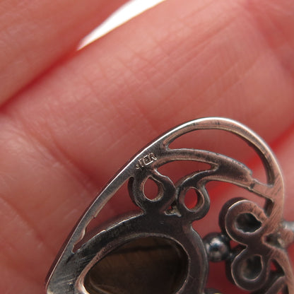 925 Sterling Silver Vintage Real Tiger Eye Heart Oxidized Charm Pendant