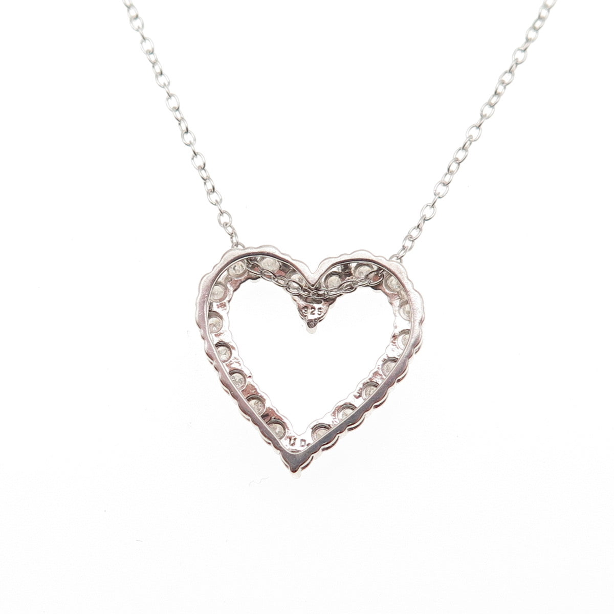 925 Sterling Silver Real Round-Cut Diamond Heart Cable Chain Necklace 18"