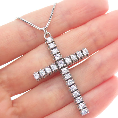 925 Sterling Silver Italy Round-Cut C Z Cross Box Chain Necklace 18"