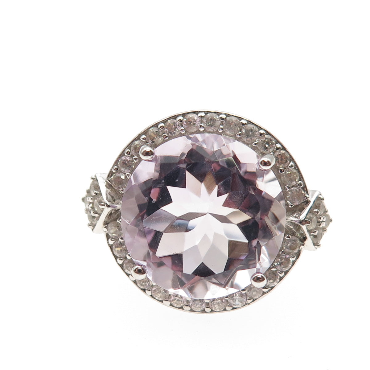 925 Sterling Silver Real Round-Cut Amethyst & White Topaz Ring Size 7