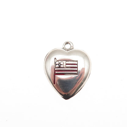 925 Sterling Antique Enamel US Flag Chatelaine Engraved Heart Mini Charm Pendant