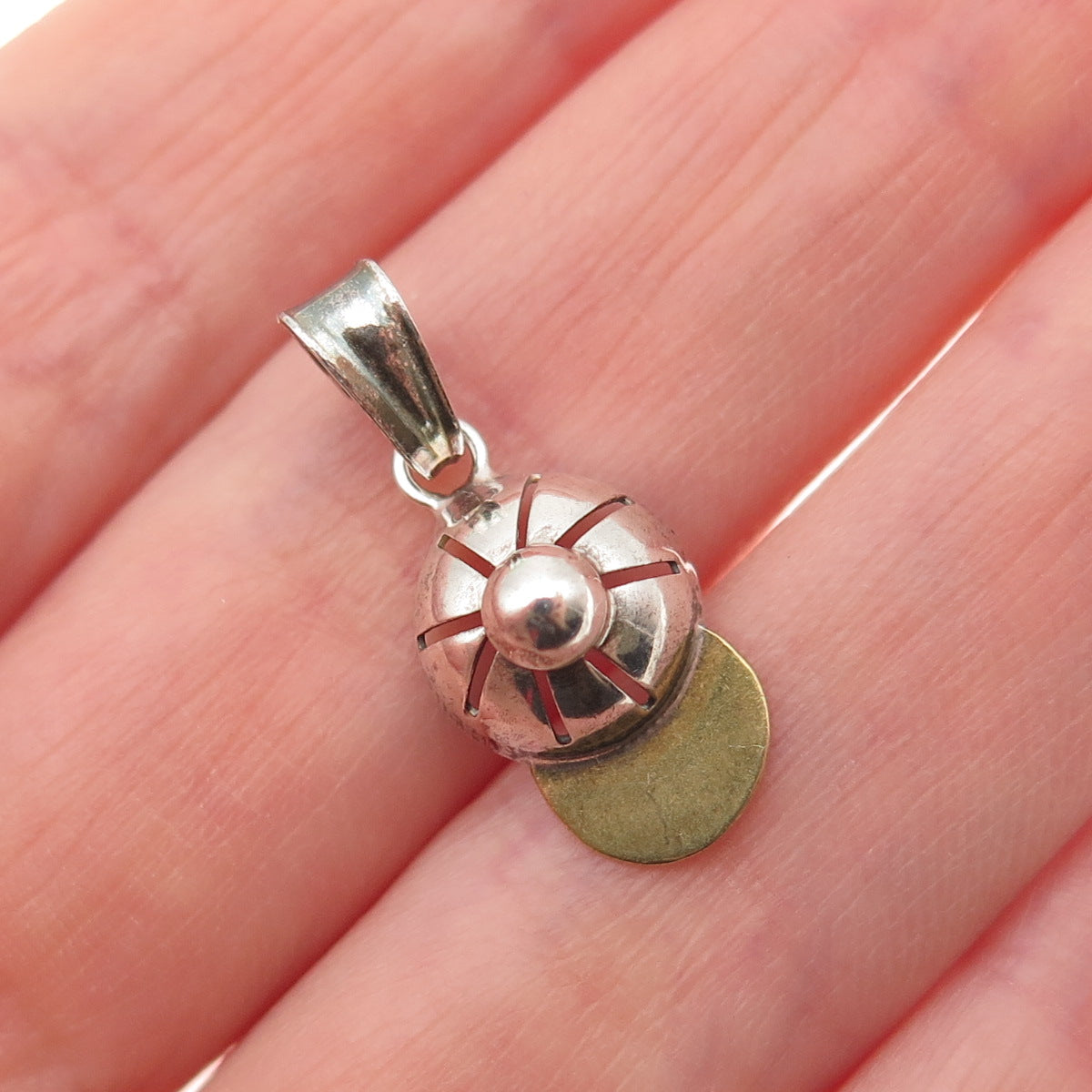 925 Sterling Silver 2-Tone Vintage Italy Baseball Cap 3D Mini Charm Pendant