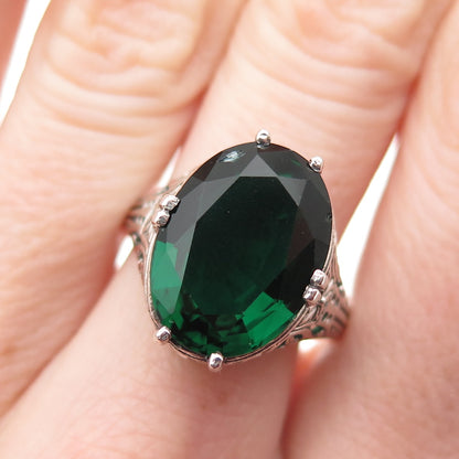 925 Sterling Silver Vintage Oval-Cut Green C Z Oxidized Ring Size 8.75