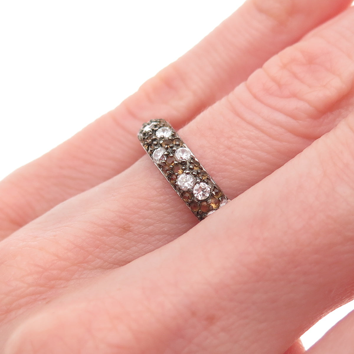 925 Sterling Silver Real Round-Cut Smoky Quartz & C Z Band Ring Size 6