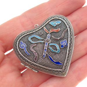 925 Sterling Silver Antique Art Deco Enamel Mesh Heart Locket Oxidized Pendant