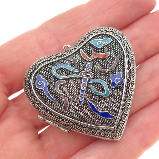 925 Sterling Silver Antique Art Deco Enamel Mesh Heart Locket Oxidized Pendant