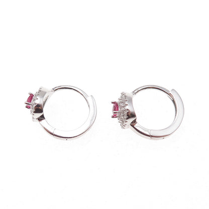 925 Sterling Silver Pink & White C Z Hoop Earrings