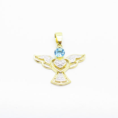 925 Sterling Silver Gold Plated Real White Diamond Blue Topaz Gem Angel Pendant