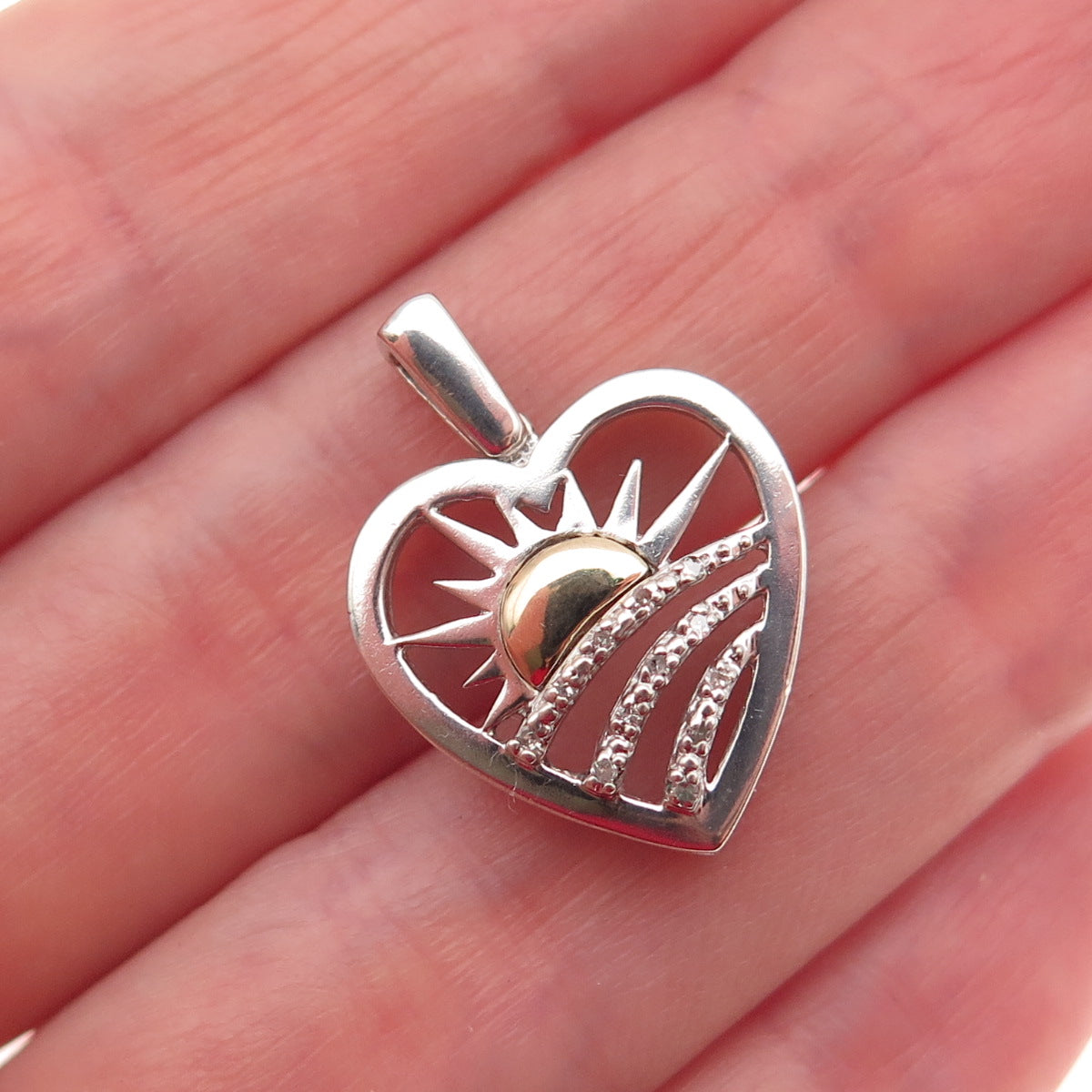 Alwand Vahan Sterling Silver 14K Gold Real Diamond Sunrise Heart Mini Pendant