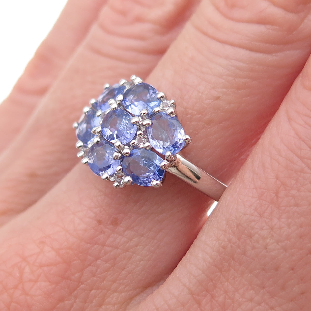 925 Sterling Silver Real Oval-Cut Tanzanite Floral Cluster Ring Size 8