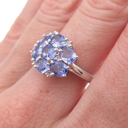 925 Sterling Silver Real Oval-Cut Tanzanite Floral Cluster Ring Size 8